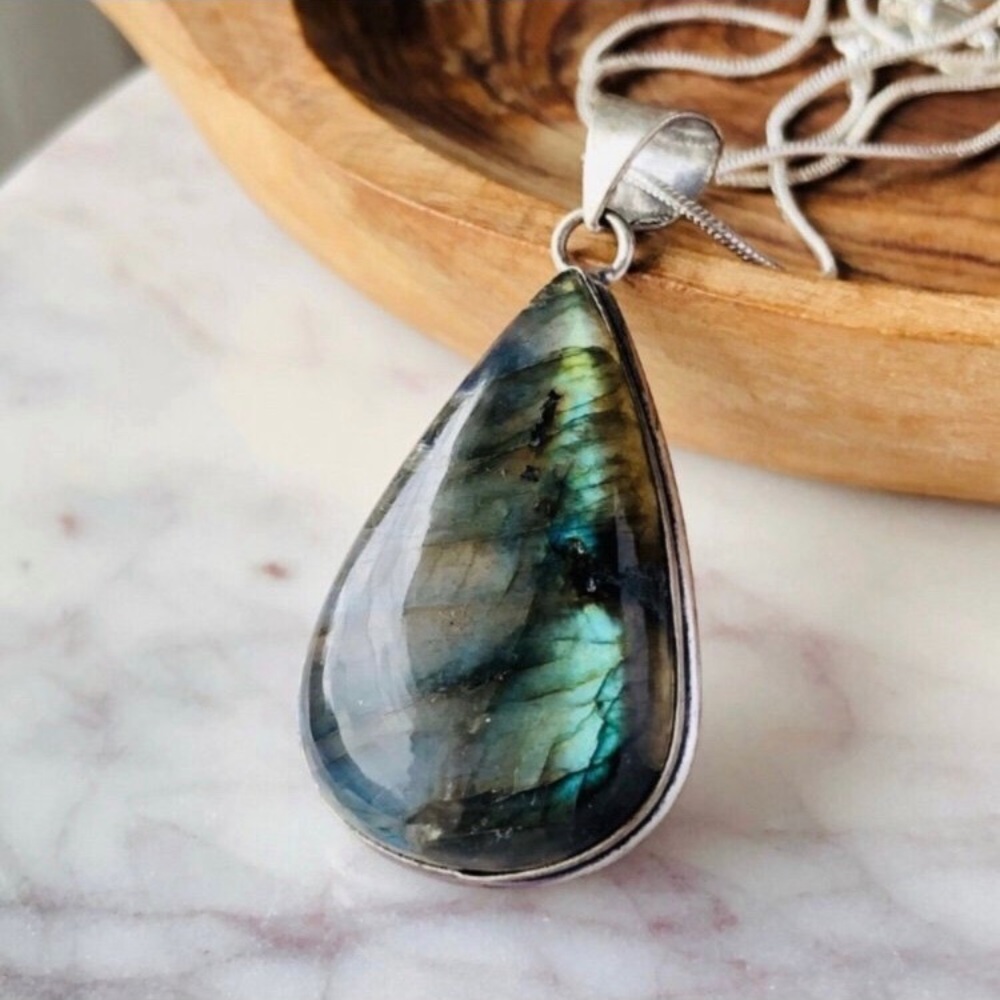 Silver Plated Labradorite Pear Shape Stone Statement Boho Necklace